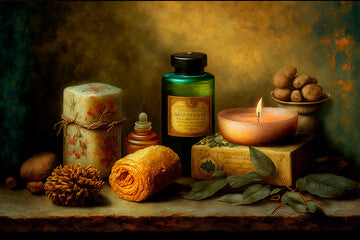 Still life with essential oil and natural handmade soap. Spa, aromatherapy, body care and wellbeing concept.