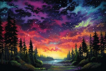 Night Landscape Painting of dark and colorful sky background. Aurora borealis in the night sky over the black trees in the foreground. Watercolour painting Northern lights space landscape, Generative