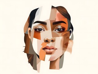 Contemporary concept art collage. Modern design. Female face made from different face parts of women of various races. Concept of beauty standards, multi ethnicity, friendship, diversity, human rights