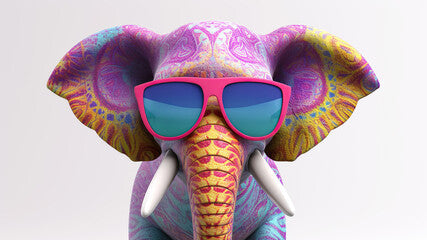 Cartoon colorful elephant with sunglasses on white background. Created with generative AI