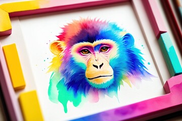 Hand-drawn painting of a portrait of a monkey with a multi-colored muzzle in a pink frame on a multi-colored background, airbrush, fauvism. Generative AI, generative, AI