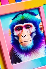 Hand-drawn painting of a portrait of a monkey with a multi-colored muzzle in a pink frame on a multi-colored background, airbrush, fauvism. Generative AI, generative, AI