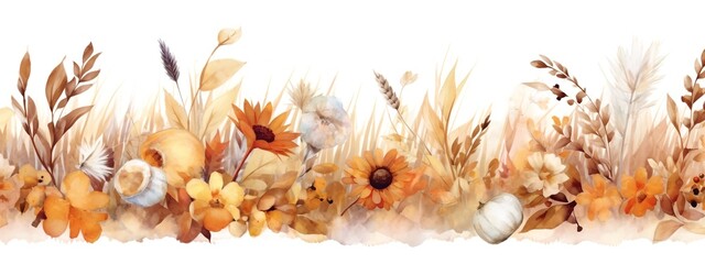 Autimn flowers watercolor, generative ai image, wide beige boho background
