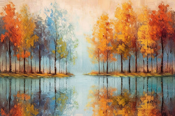 Landscape with colorful fall autumn forest near the lake. Oil painting in the style of impressionism.