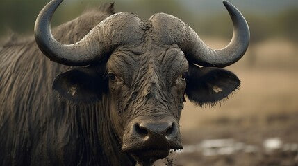 A buffalo bull, Syncerus caffer, close up of an animal head and horns covered in mud Generative AI