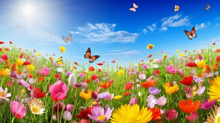 A colorful flower field, a mix of tulips, daisies, and other flowers in various shades, bees and butterflies flying around, a clear blue sky in the background, field of flowers, Generative AI