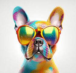 Cartoon colorful dog with sunglasses on white background. Created with generative ai