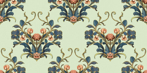 Vintage floral painting seamless pattern. Luxury victorian pastel wallpapers. Rococo, baroque, renaissance style background. Elegant botanical ornament. Illustration created with generative AI tools