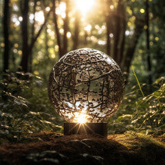 "Spherical Conundrum": A photo of a sculpture featuring a spherical impossible shape, with a polished and reflective surface that captures the surrounding environment.  - generative AI