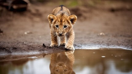 a baby lion, runs through the puddle, is reflected in the puddle, photography, lion cub in the water