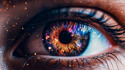 A close-up of a woman's eyes, magnified to reveal a universe of swirling galaxies within her irises, showcasing the captivating depth and allure of her gaze, eye of the world, Generative AI