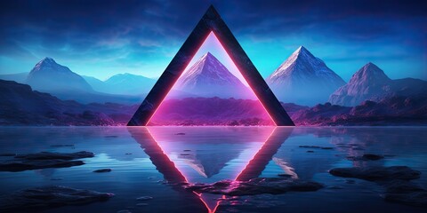 AI Generated. AI Generative.  3d render abstract neon background with triangular geometric frame mountaines landscape. Graphic Art