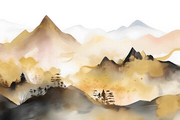 Mountain desert landscape beam yellow sun watercolor texture art painting background illustration. Generative Ai