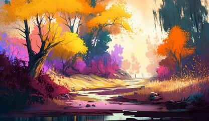 landscape with colorful trees in forest, illustration painting, Generative AI