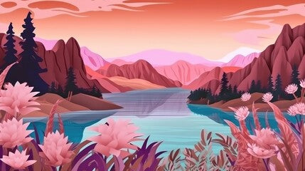 A 3D fantasy landscape with a mountain lake and trees. (Illustration, Generative AI)
