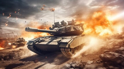 Tank battle scene with armored vehicles engaging in a fierce firefight, capturing the power and destructive capabilities of modern military machinery