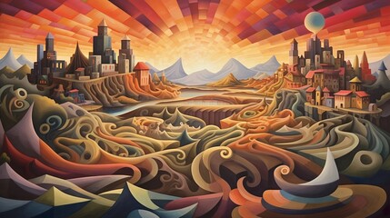 A beautiful painting depicting a cityscape with majestic mountains in the distance. Generative AI