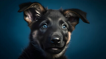 a german shepherd puppy in front of blue paper, in the style of expressive portraits, dark blue and light aquamarine, lively facial expressions, wimmelbilder, rtx on, lively and energetic, photo taken