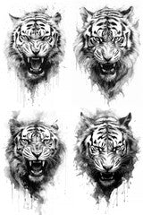 A set of tattoo sketches of a head of a roaring tiger. Variations set. Generative AI