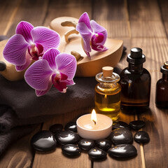 Beautiful natural pink orchid flowers, black massage stones and bottles of aromatic oil on the dark background of the spa salon, Generative AI, generative artificial intelligence