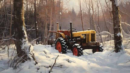 Old Tractor Painting In Snowy Forest - Classical Figurative Realism