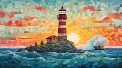 Acrylic painting of a lighthouse in the style of mosaic art, created for illustration purposes. Generative AI