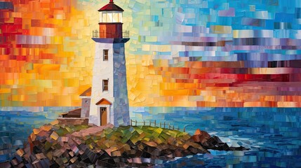Acrylic painting of a lighthouse in the style of mosaic art, created for illustration purposes. Generative AI