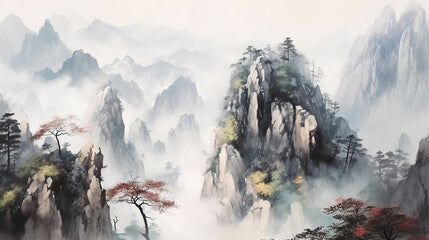 Watercolor landscape of mountains in China. Created using Generative AI technology.