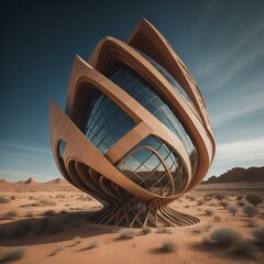 a futuristic building in the desert with blue sky. generative ai