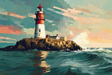 Illustration of a lighthouse on the coast, done in an animation art style. Generative AI