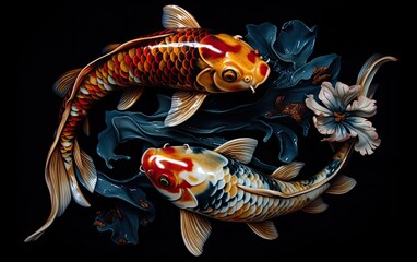 3D of the koi fish swimming in the dark background with flowers. Generative AI.
