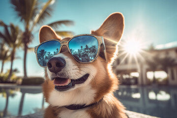 Portrait of a realistic happy corgi dog with sunglass  on sunset dreaming near pool, holiday summer vacation relax vibe concept. Generative Ai