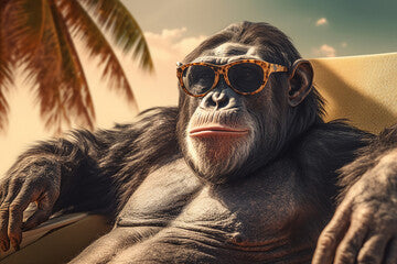 Portrait of a realistic happy chimpanzee monkey sitting in a lounge beach bungalow on summer vacation, relax vibe concept. Generative Ai