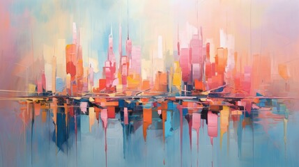 City skyline. A blue and pink watercolor abstract painting with reflections in water.