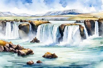 Watercolor illustration of the famous Godafoss waterfall in Iceland, Generative AI