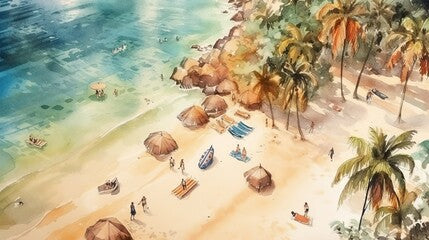 Aerial view, tropical beach oil painting captures people, palm trees, and turquoise ocean on summer vacation. Generative AI