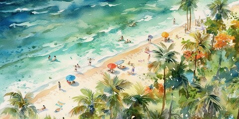 Aerial view, tropical beach oil painting captures people, palm trees, and turquoise ocean on summer vacation. Generative AI