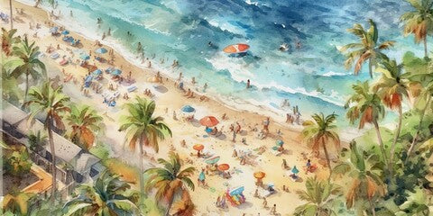 Tropical beach resort in watercolor, aerial view captures ocean, palm trees, and people enjoying summer holiday. Generative AI