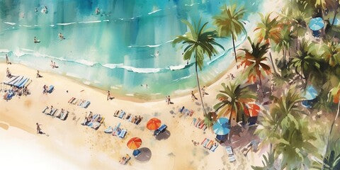 Tropical beach resort in summer. Watercolor, aerial view captures ocean, palm trees, and people enjoying summer holiday.