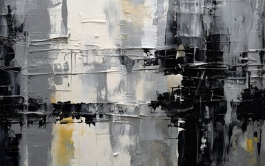 an abstract painting that has a mix of white and black colors