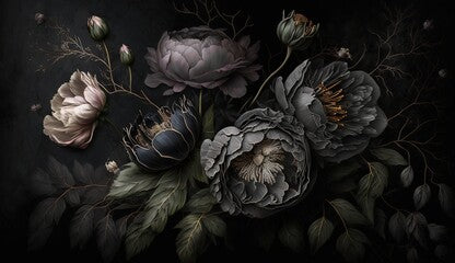 Generative AI, Close up of blooming flowerbeds of amazing black flowers on dark gothic moody floral textured background. Photorealistic effect..