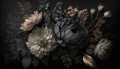 Generative AI, Close up of blooming flowerbeds of amazing black flowers on dark gothic moody floral textured background. Photorealistic effect..