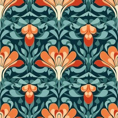Decorative flowers and leaves in art nouveau style, vintage, old, retro style. Seamless pattern, background. AI generated pattern