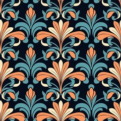 Decorative flowers and leaves in art nouveau style, vintage, old, retro style. Seamless pattern, background. AI generated pattern