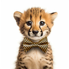Adorable Cute Baby Cheetah Savannah Wild Cat Animal in a Bow Tie Close Up Portrait Generative AI on White Background
