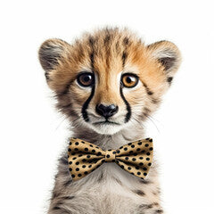 Adorable Cute Baby Cheetah Savannah Wild Cat Animal in a Bow Tie Close Up Portrait Generative AI on White Background