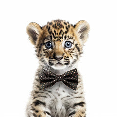 Adorable Cute Baby Cheetah Animal in a Bow Tie Close Up Portrait on White Background Nursery, Kid's, Children's room, pediatric office Digital Wall Print Art Generative AI
