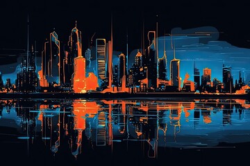 city skyline at night reflected in the water. Generative AI