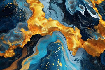 A blue and gold liquid flowing through the surface, in the style of digital art techniques, marble, painted illustrations, AI Generative