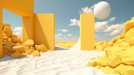 3d illustration of yellow frame in the desert with sand and clouds generative ai